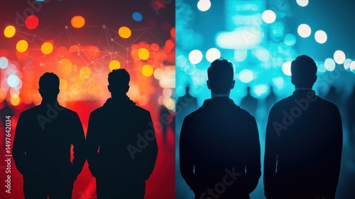 Reflection of Two Friends in Dual Colorful City Lights at Night