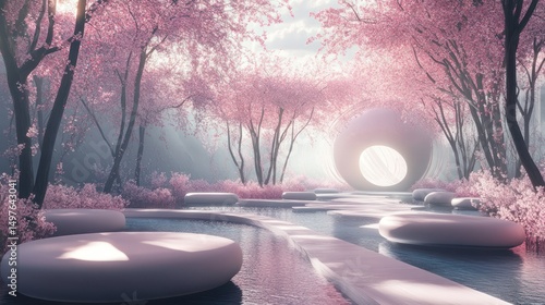 A surreal and calming landscape of pink cherry blossoms and smooth stones.