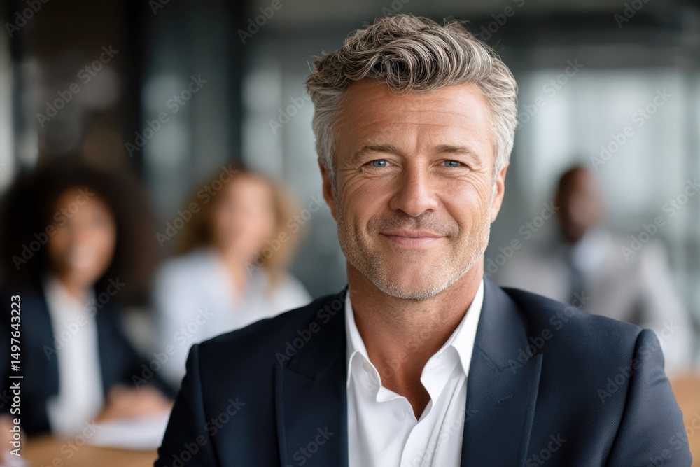 Confident businessman leading meeting in modern office, smiling and standing at head of table Confident businessman leading meeting in modern office, smiling and standing at head of table
