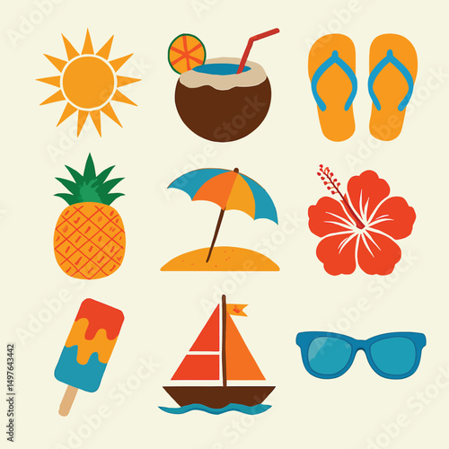 Summer vacation icons in a flat lay