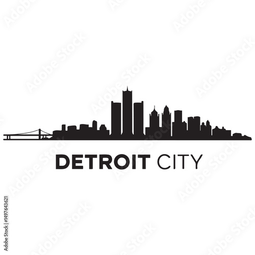 Detroit City skyline horizontal banner. Black Detroit City, Michigan. Vector template for your design. Vector black silhouette. with white background