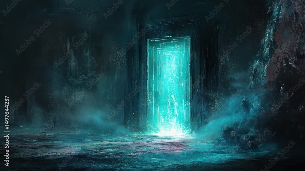 Fototapeta premium An ethereal glowing doorway opens in a dark cavern, a passage to another world.