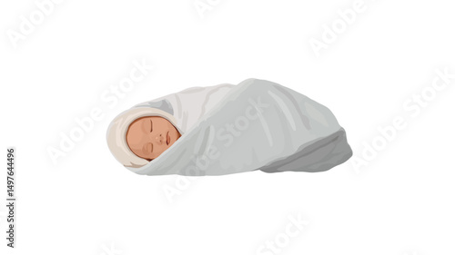 A baby sleeps swaddled in a white blanket.
