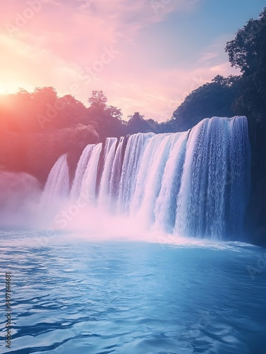 A breathtaking view of a majestic waterfall cascading into a serene body of water at sunset time