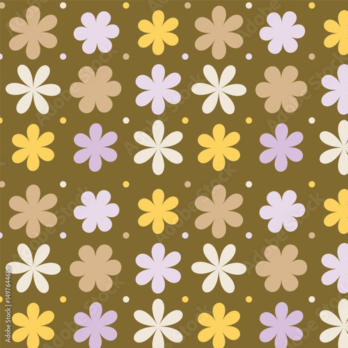 Seamless vector pattern of flowers on an olive green background. The flowers have various pastel shades.