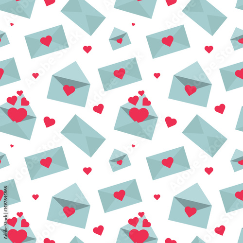 Seamless pattern of light blue envelopes decorated with bright red hearts, some of which are open and overflowing with symbols of love.