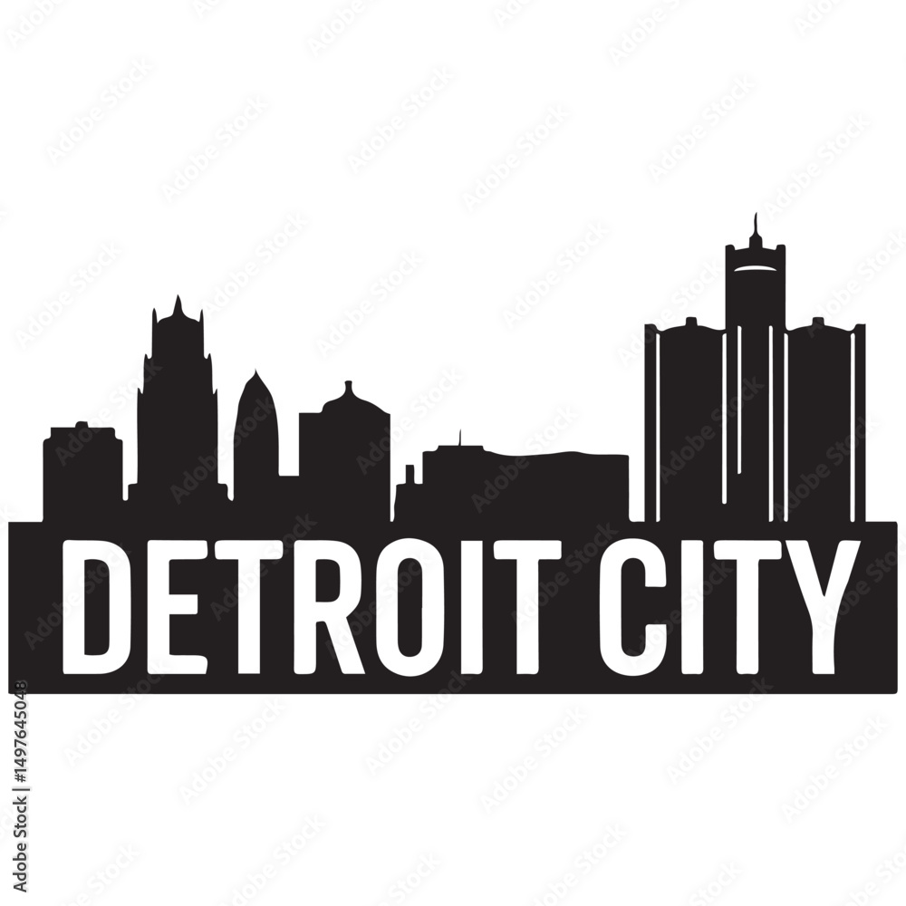 Fototapeta premium Detroit City skyline horizontal banner. Black Detroit City, Michigan. Vector template for your design. Vector black silhouette. with white background