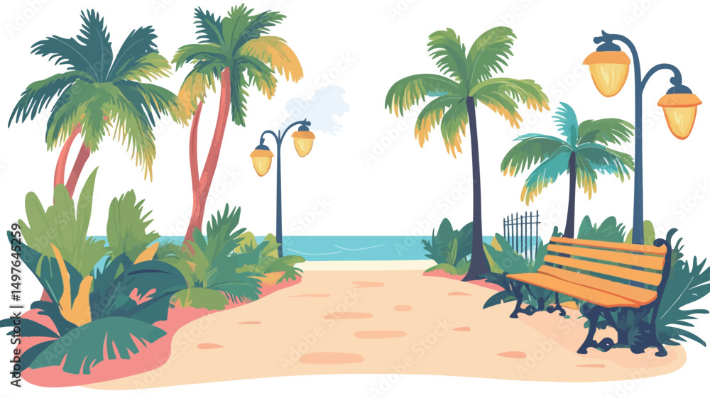 Obraz premium A tropical scene shows a bench, street lamps, and palm trees along a seaside path. 