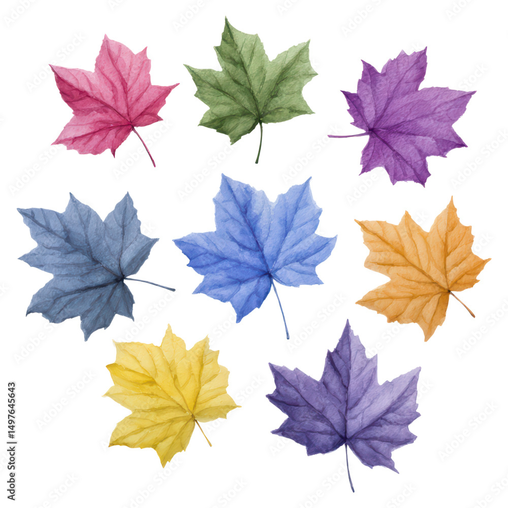 Fototapeta premium Beautiful Colorful Leaves in Various Shades for Autumn and Seasonal Design, isolated on transparent background.
