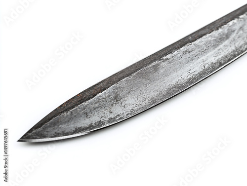 A custom-made steel knife blade, isolated on a clean white background, with a sharp edge and polished surface, no shadow.