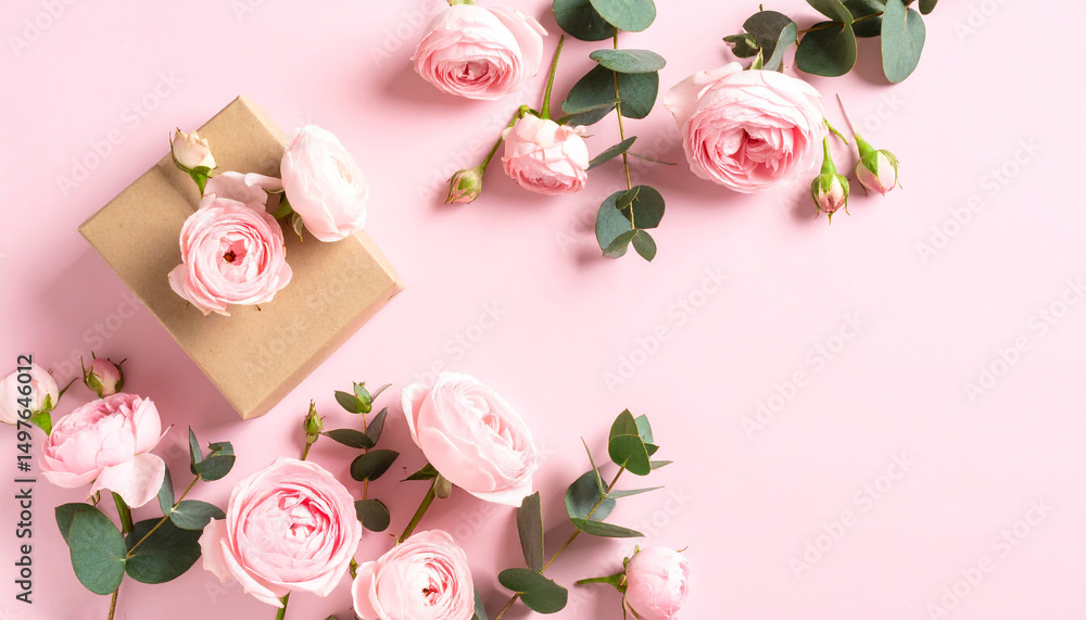 Beautiful flowers composition with pink blooms and eucalyptus branches on pink background Beautiful flowers composition with pink blooms and eucalyptus branches on pink background