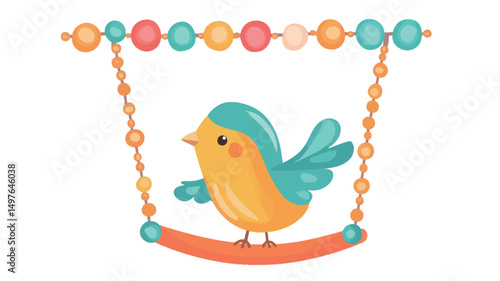 A cute cartoon bird sits on a swing hanging from a beaded garland.
