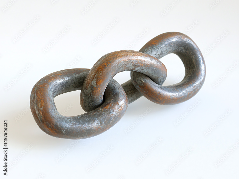 A hand-forged steel chain link, isolated on a white surface, with a strong, solid construction and no shadow. A hand-forged steel chain link, isolated on a white surface, with a strong, solid construction and no shadow.