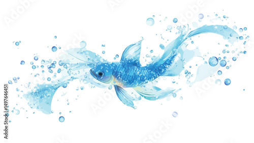 A blue and white illustration shows stylized fish and water droplets creating a splash effect.
