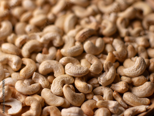 Full frame Cashew nuts background. Vegetarian Organic Healthy snack concept.