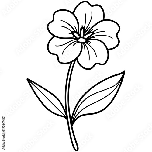 Black and white line art drawing of a flower with six petals and two stems