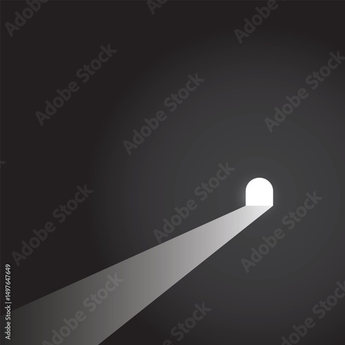 The door of hope in the darkness, the bright exit door in a dark room, the light at the end of the tunnel.