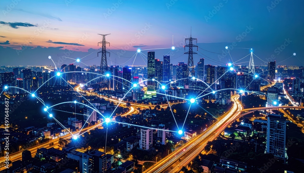 Obraz premium Night cityscape with glowing network connections overlayed, showing city infrastructure and digital network. High angle, twilight view.