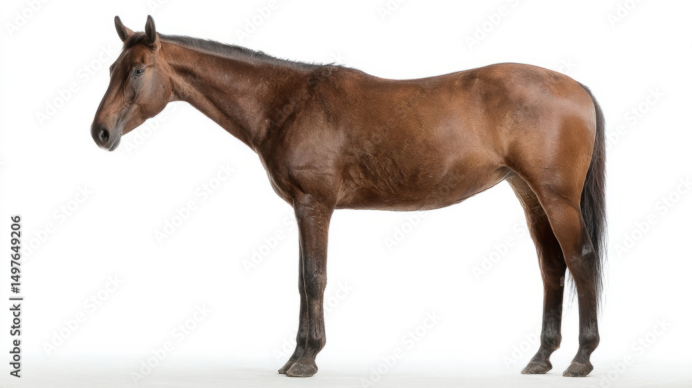 Obraz premium Sleek chestnut horse stands poised, embodying majestic equestrian grace, evoking Derby day dreams and ancient Mongolian rites