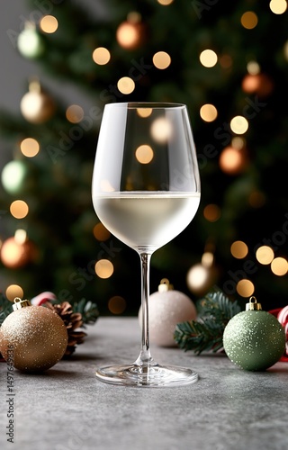 A white wine glass is elegantly poised on a table adorned with holiday ornaments, a Christmas tree 