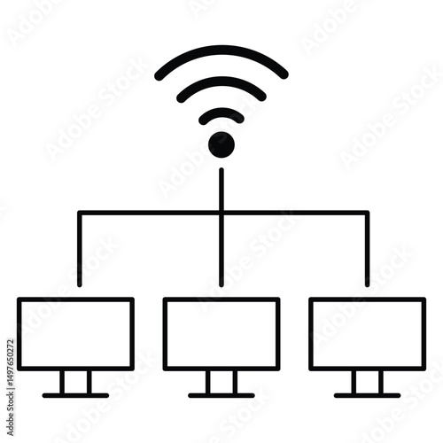 Wireless network connection icon with multiple computer devices sharing internet signal technology communication system vector illustration symbol interface graphic.
