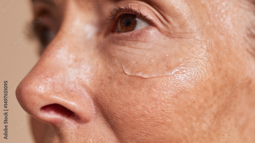 Obraz premium Eye cream applied under right eye on mature woman's face