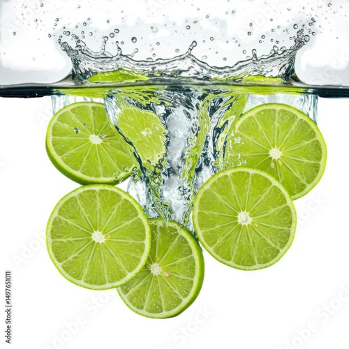 Fresh limes splashing in water for summer drinks and cocktails use
