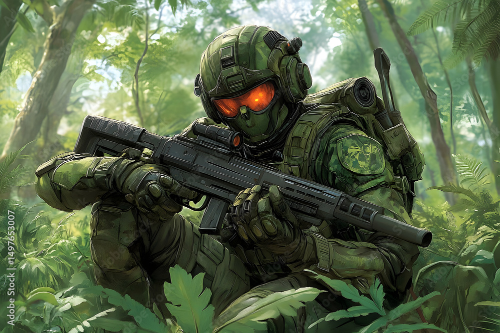 Fototapeta premium Camouflaged Soldier with Glowing Visor Aims Rifle in Dense Jungl
