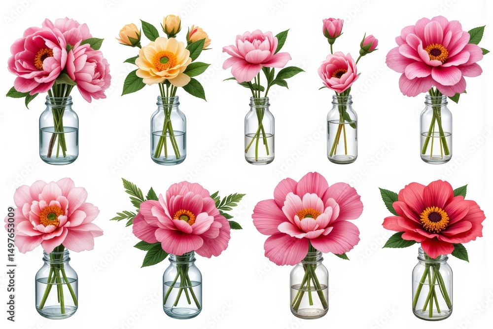 Obraz premium Ten Varied Pink and Peach Peony Bouquets in Glass Jars Floral Arrangements Spring Flowers