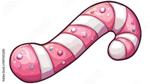 A digital illustration of a candy cane. The candy cane is predominantly pink with white stripes, creating a visually appealing contrast. The style is cartoonish and whimsical.
