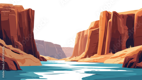 A stylized digital illustration depicting a canyon landscape. The image features a river flowing between tall, reddish-brown sandstone cliffs. The cliffs are rendered with a simplified