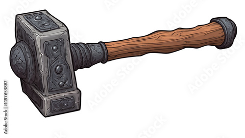 A digital illustration depicts a war hammer rendered in a hand-drawn style. The hammer head is depicted with a dark grey/black metallic texture, showing subtle indications of wear and possibly