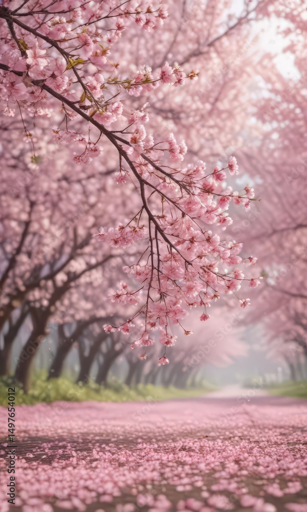 Fototapeta premium Soft pink sakura petals descend, softly blurring into a background of blossoming cherry trees , cherry blossoms, soft pink sakura