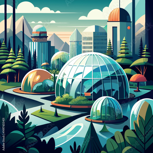 Modern glass domes encasing forests and ecosystems