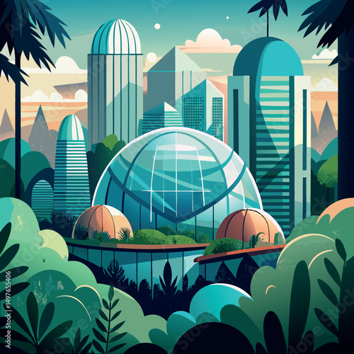 Modern glass domes enclosing forests and ecosystems