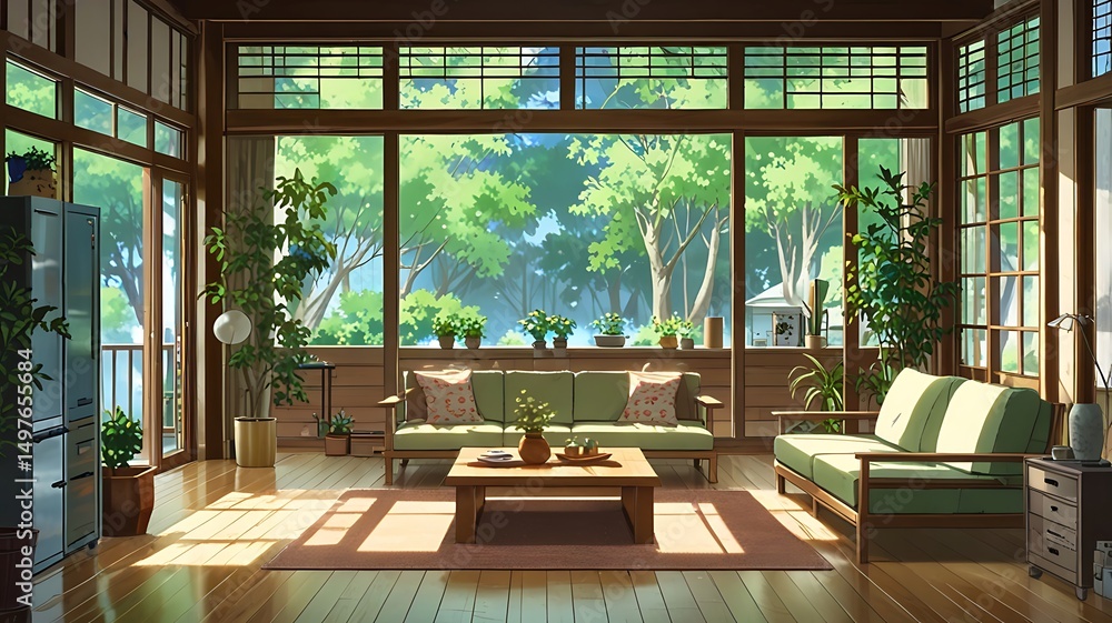 Fototapeta premium Anime-style Californian boho home with plants and neutral palettes