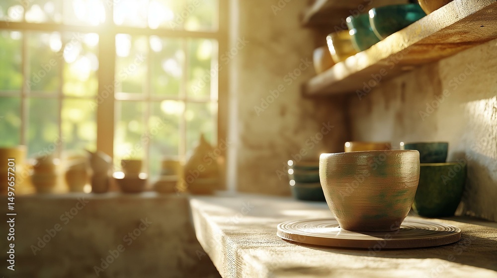 custom made wallpaper toronto digitalWooden shelf on the right side of the image with a few bowls and plates on it. on the left side, there is a window with a view of trees outside.