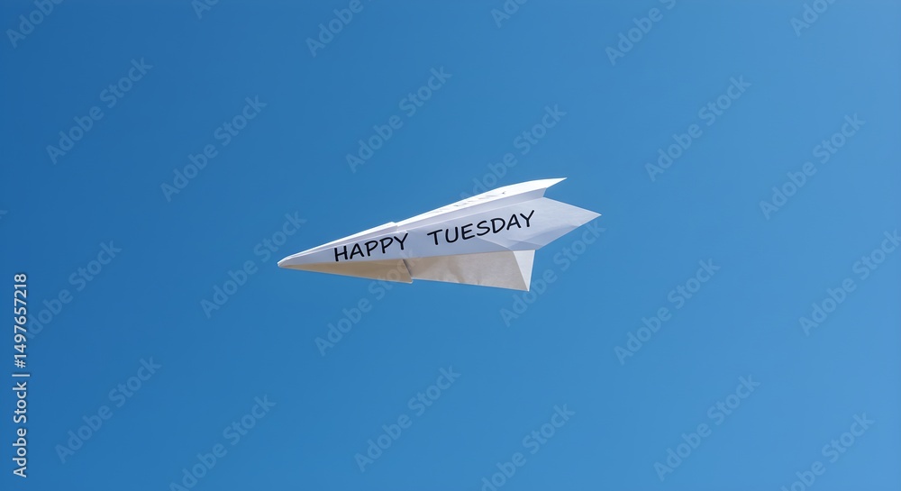 Paper Airplane with Happy Tuesday Message in Blue Sky Paper Airplane with Happy Tuesday Message in Blue Sky