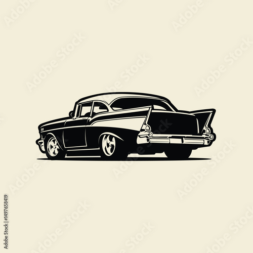 Classic american muscle car rear view monochrome vector isolated