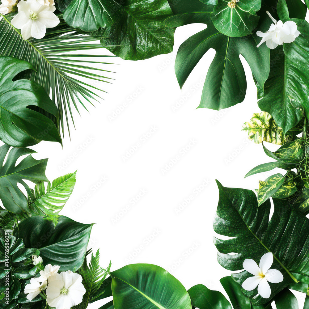 Naklejka premium Lush Tropical Leaves and White Flowers Frame a Dark Background