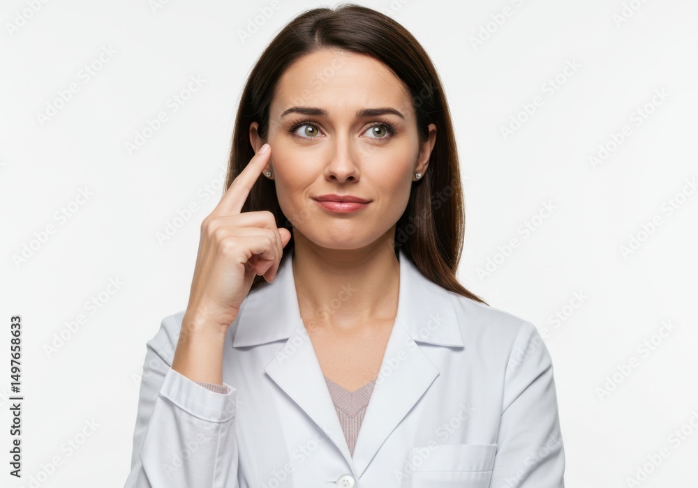 Thoughtful Female Doctor in White Coat Isolated on White Background Thoughtful Female Doctor in White Coat Isolated on White Background