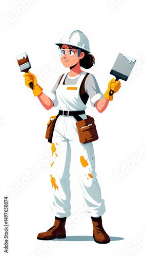 Girl Professional Painter Plasterer Working with Tool Vector Illustration