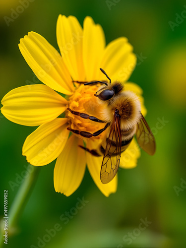 A bee on a yellow flower collects pollen, wild macro photography concept.