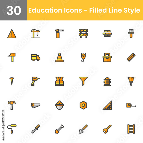Construction icons - Filled Line Style, Construction icons set. Home repair tools outline icons collection. Construction tools, builders and equipment symbols. stock vector.