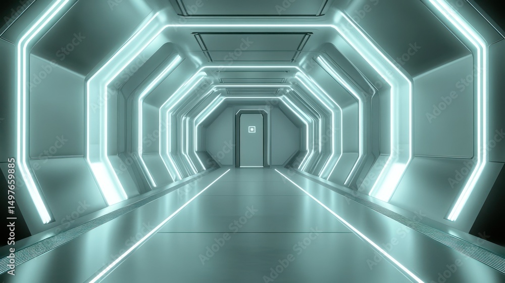 Obraz premium A futuristic hallway with neon lights and metallic walls leads to an exit.