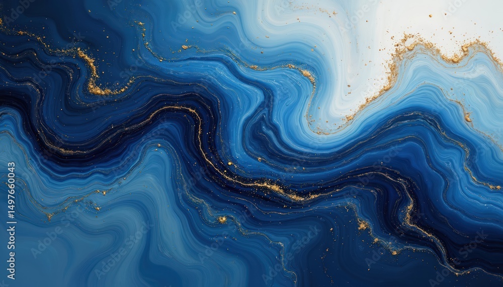 Fototapeta premium Abstract blue and gold art. Swirling liquid, marble texture. Metallic flecks. Dynamic, flowing design. Suitable for background, decor, creative projects.