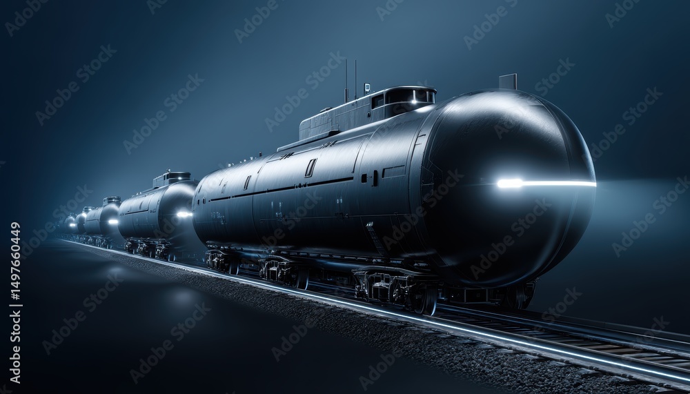 Naklejka premium A futuristic train with submarine-shaped cars travels on railway tracks through a dark, misty environment.