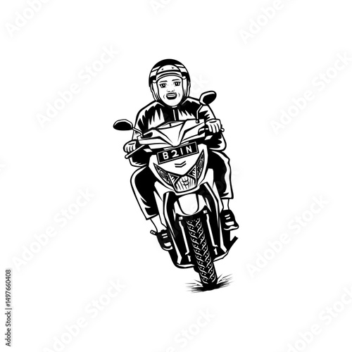 cool matic motorcyclist speeding in front view black and white vector line art