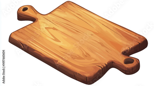 A high-angle, full shot depicts a rectangular wooden cutting board with a slightly irregular, handcrafted appearance. The board is predominantly light to medium brown, exhibiting a pronounced wood.