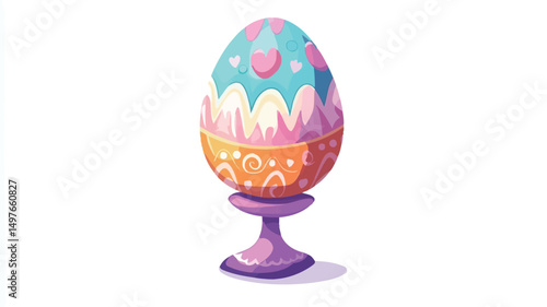 A digital illustration depicts a stylized Easter egg adorned with pastel-colored icing, resembling a confectionery treat. The egg is predominantly light blue and pink with small heart-shaped.
